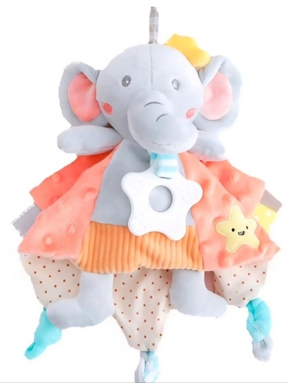 Elephant Baby Security Blanket Sensory Lovey Toy & Star Teether